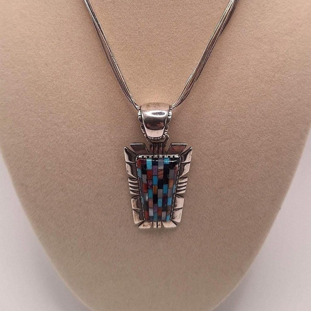 Southwestern liquid silver necklace gemstone inlay pendant Relios